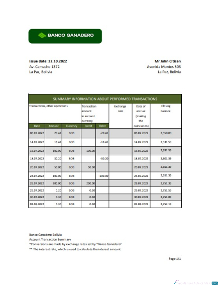 Download Bolivia Banco Ganadero bank statement excel Photoshop template